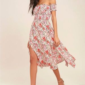 Lulus View from the Meadow Cream Floral Print Off-the-Shoulder Dress